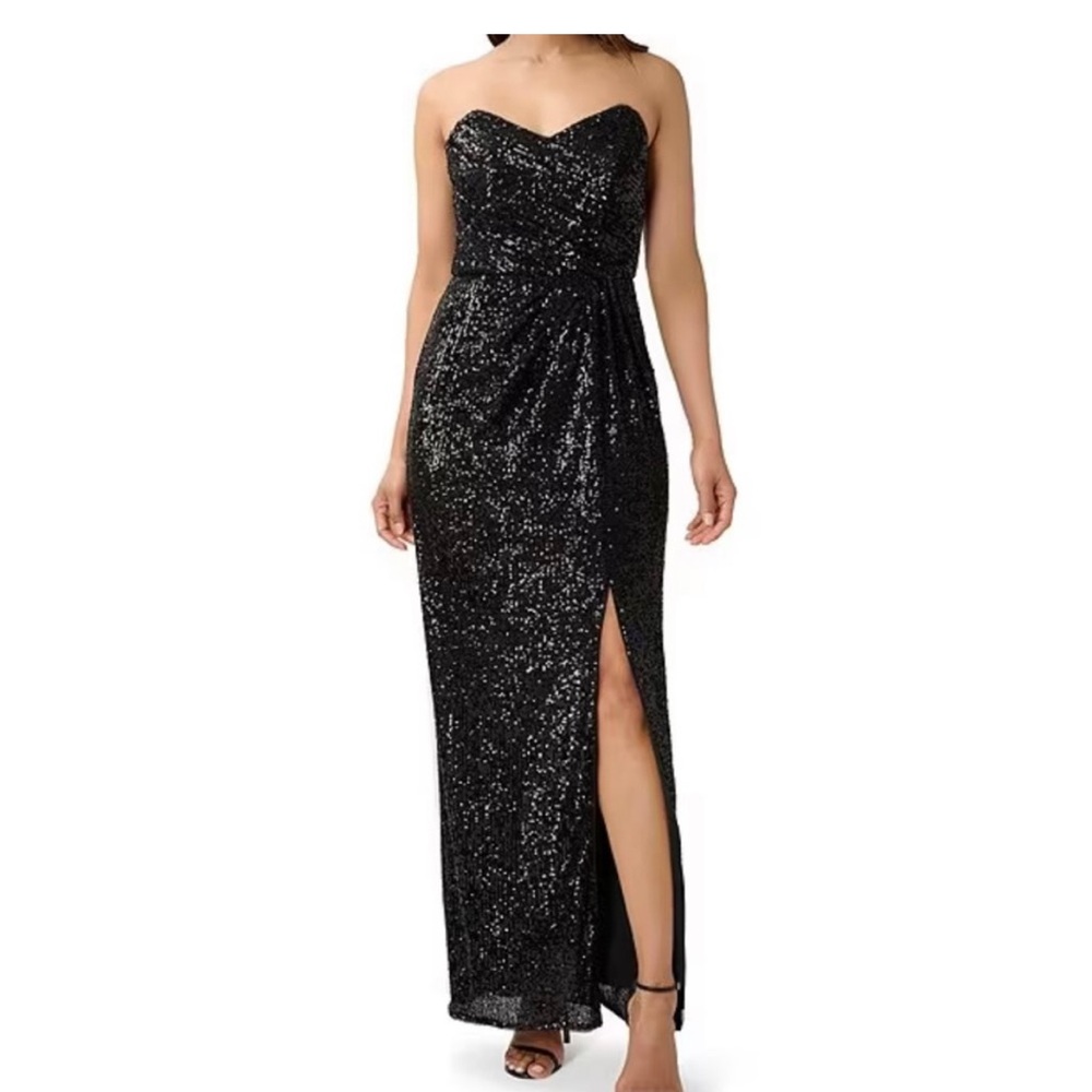 Aidan Mattox Black Sequin Strapless Gown with Slit | Size 0 | NWT